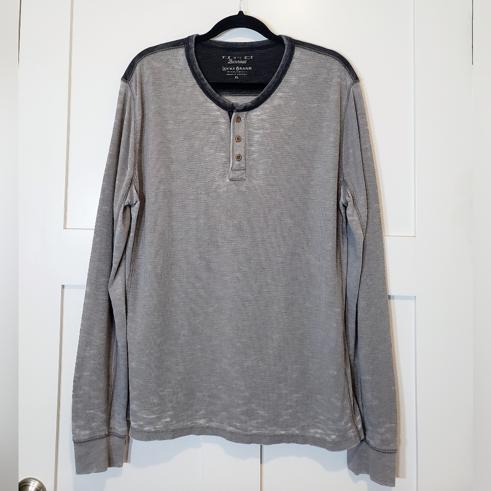 Lucky Brand Venice Burnout Long Sleeve Henley Tee Shirt Grey & Charcoal Gray XL